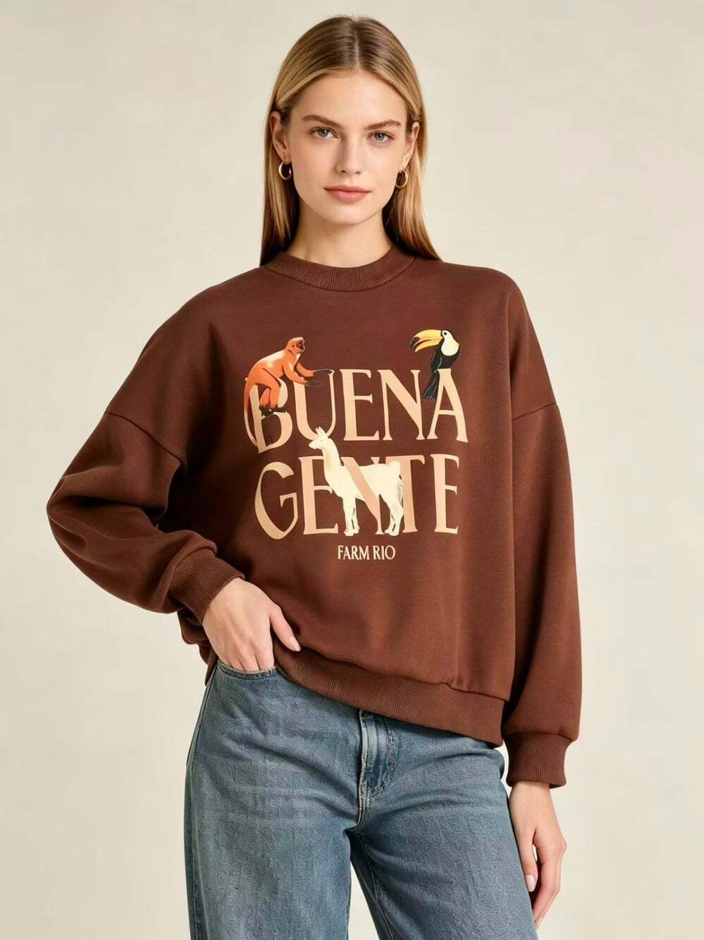 NWOT Farm Rio Brown Buena Gente Graphic Fleece Sweatshirt Size S